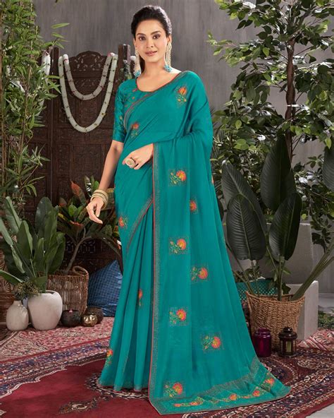 Vishal Prints Teal Blue Designer Chiffon Saree With Embroidery And Dia