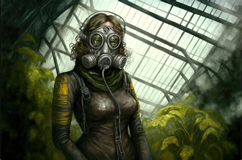 Premium Photo | Woman in gas mask standing in an overgrown factory ...