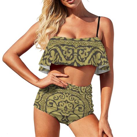 Medieval 16th Century Round Foliage Women Lace Up Beach Swimsuits Straps Halter Cross Front Two