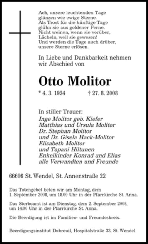 Traueranzeigen Von Otto Molitor Saarbruecker Zeitung Trauer De