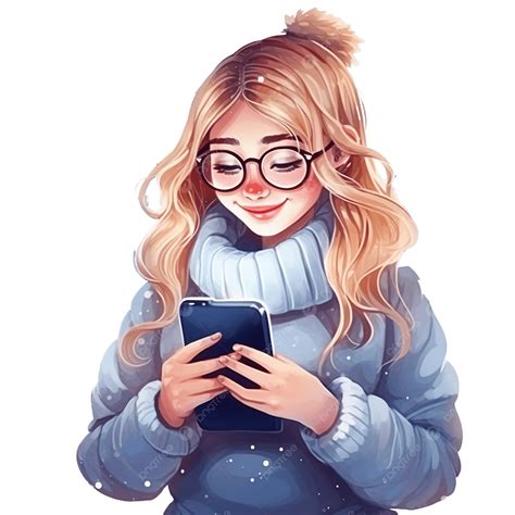 Happy Girl Chats With Friends On Smartphone, Concept Online Christmas