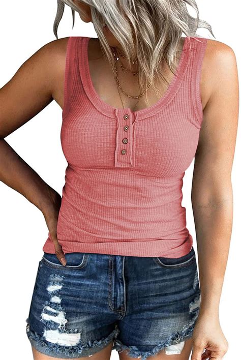 Moshu Henley Women Tank Tops Ribbed Summer Tops Button Down Sleeveless Shirts