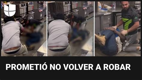 Imágenes sensibles empleados de una tienda golpean a un ladrón que