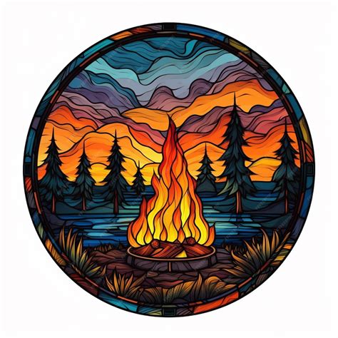 Premium Ai Image A Round Stained Glass Picture Of A Campfire In The Woods Generative Ai