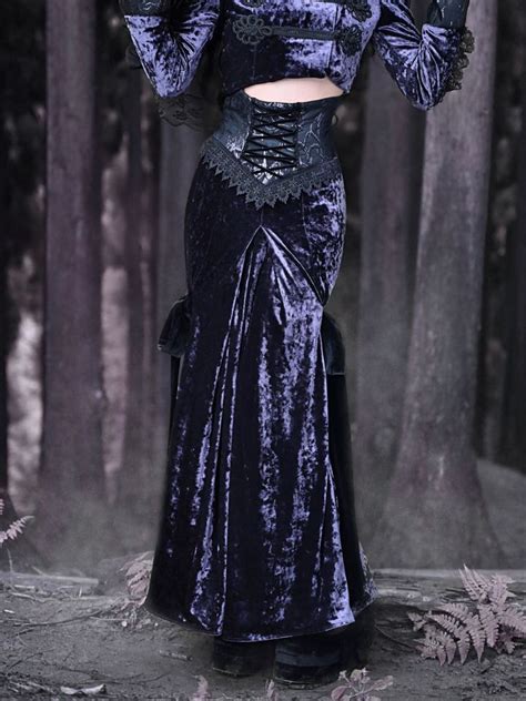 Gothic Purple Velvet Lace Up High Waist Maxi Fishtail Skirt