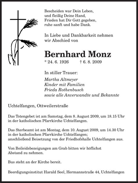 Traueranzeigen Von Bernhard Monz Saarbruecker Zeitung Trauer De