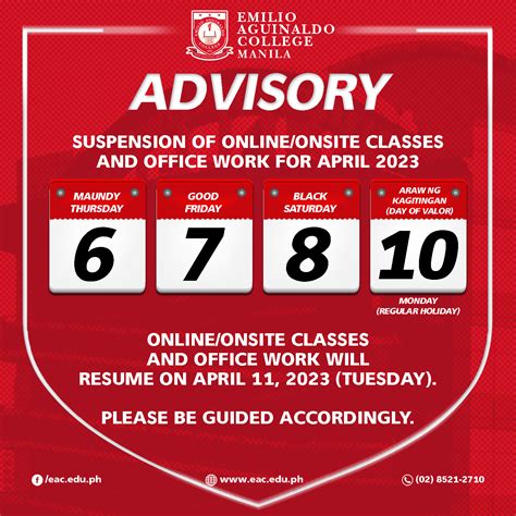 Advisory for April 2023 Holidays – Emilio Aguinaldo College