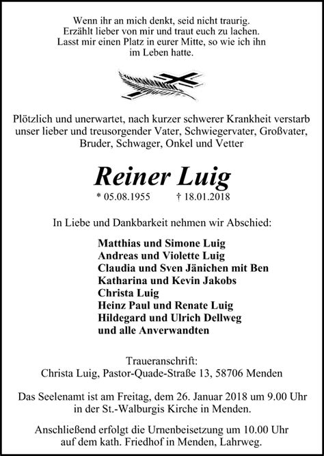 Traueranzeigen Von Reiner Luig Trauer In Nrw De