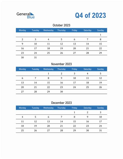 Three-Month Calendar Template - Q4 2023