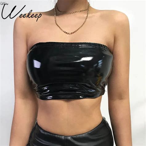 Weekeep Sexy Tube Top Women Black Pu Leather Cropped Bandeau Summer