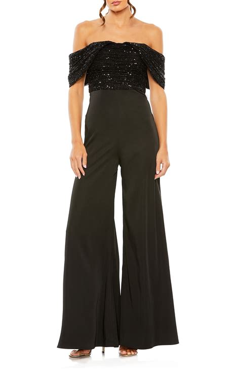 Mac Duggal Off The Shoulder Wide Leg Sequin Jumpsuit Black Editorialist