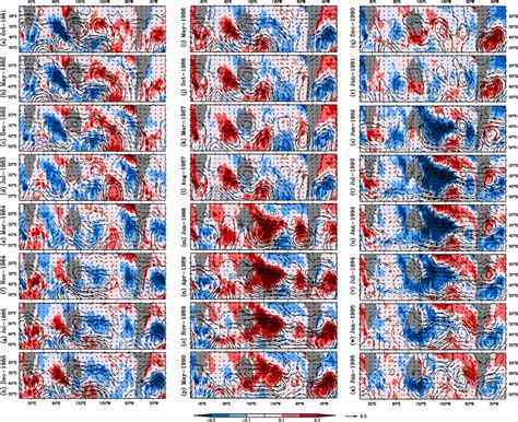 (a–x) Evolution of filtered sea surface temperature anomaly (filled in ...