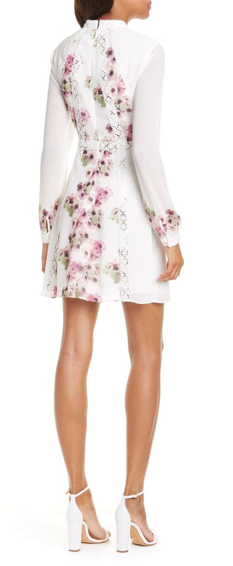 Ted Baker London Floral Lace Trim Long Sleeve Minidress Scalloped