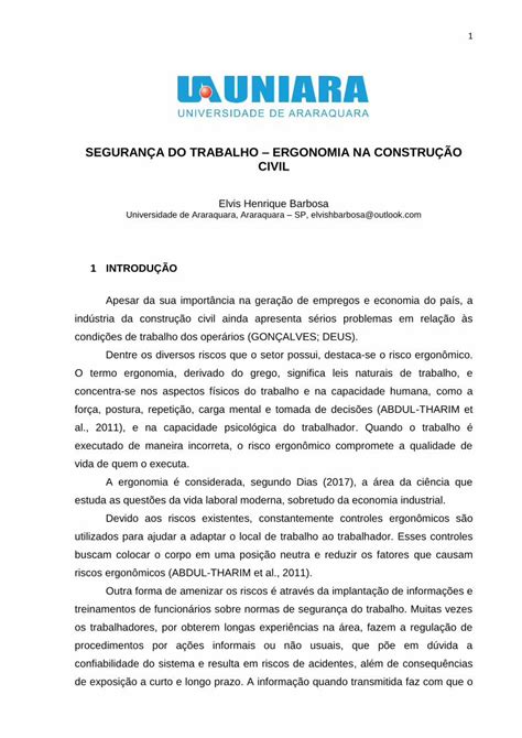 Pdf Seguran A Do Trabalho Ergonomia Na Constru O Civil Seguran A