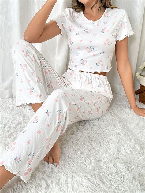 White Collar Short Sleeve Floral All Over Print Pant Sets Embellished Medium Stretch Women Sleep