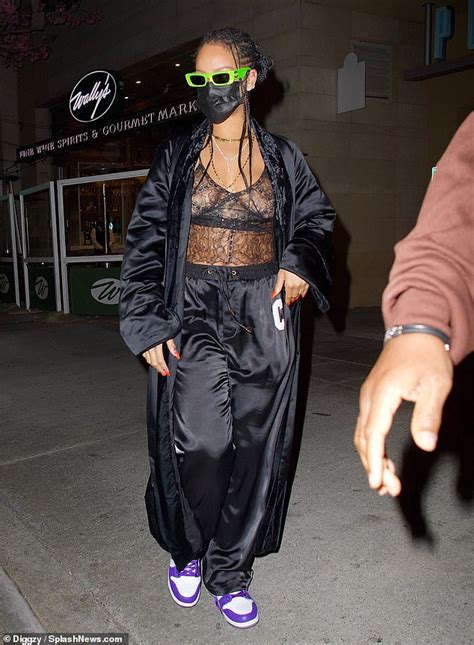 Rihanna Goes Braless Under Sheer Lingerie And A Bathrobe During Late Night Dinner Outing With