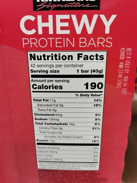 Costco Kirkland Signature Chewy Protein Bars Chart Costcochaser