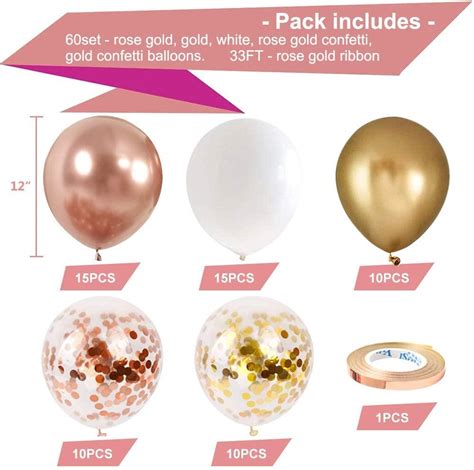 Rose Gold Confetti Latex Balloons 60 Pcs 12 Inch White Metallic Gold