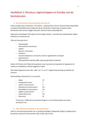 Samenvatting Celbio En Biochemie Hoofdstuk Structuur En Functie