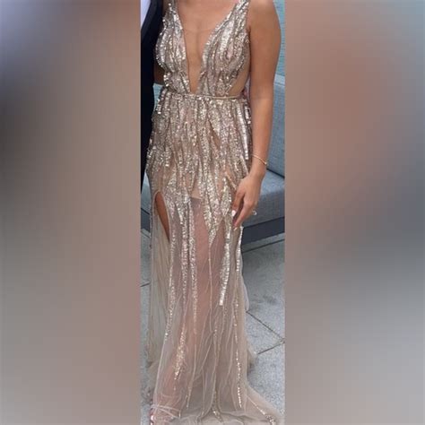 Idan Cohen Dresses Idan Cohen Luxury Dress Beaded Sequin Maxi Dress Nude With Train Gold