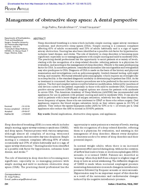 Management Of Obstructive Sleep Apnea A Dental Perspective Eview