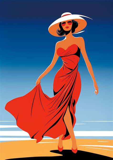 A Woman In A Red Dress And Hat Walking On The Beach Character Art