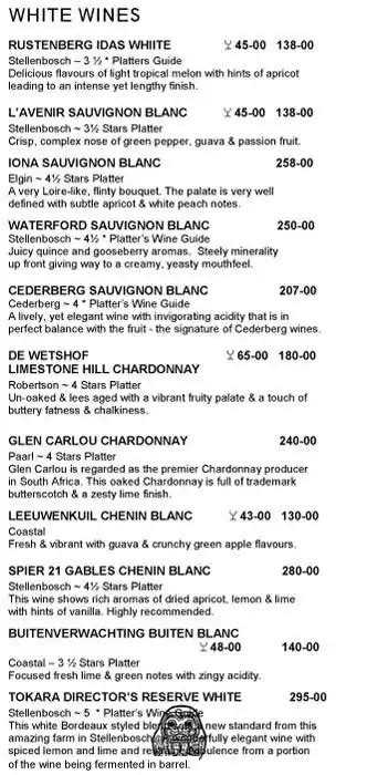 Menu at Elangeni restaurant, Durban