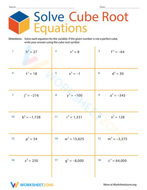 Solving Equations Involving Cube Roots Worksheet