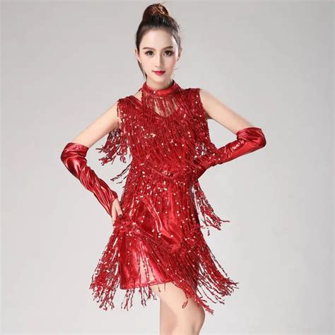 Latin Dance Fringe Dress Women Blue Red Black Sliver Gold Sequin