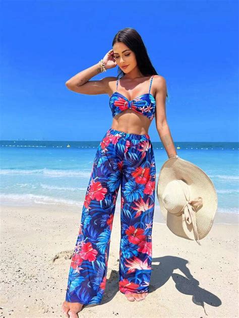 Tropical Print Bikini Swimsuit With Cover Up Pants Shein Usa