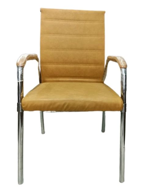 Light Brown And Silver Stainless Steel Rexine Armrest Visitor Chair At