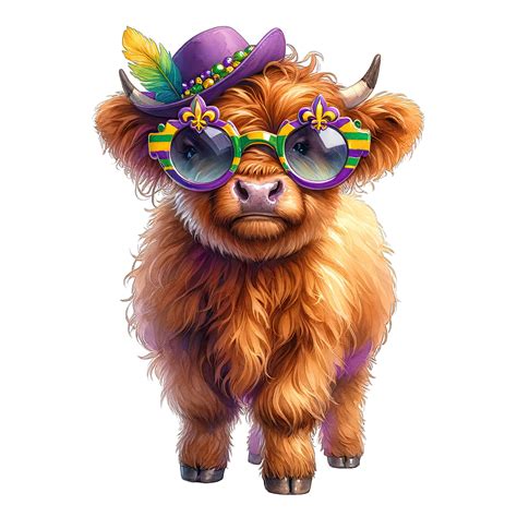 Watercolor Mardi Gras Highland Cow Clipart Mardi Gras Clipart Mardi