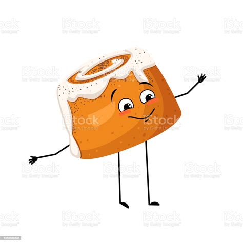 Cute Cinnamon Pastry Bun Character With Happy Emotions Stock