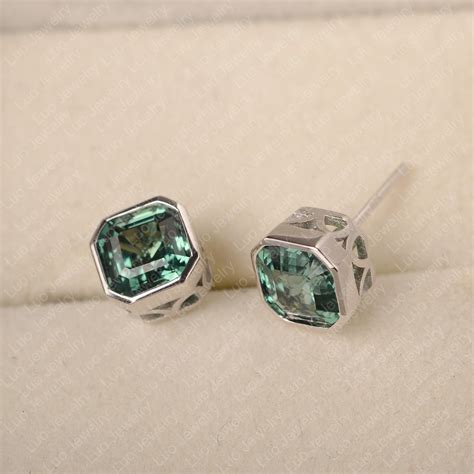 Green Sapphire Stud Earrings Sterling Silver Asscher Cut Etsy Australia