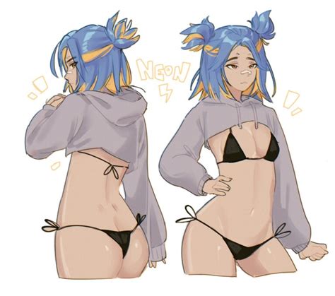 Rule 34 3va4an Bikini Blue Hair Crop Top Hairbun Hoodie Hoodie Lift Horny Neon Valorant