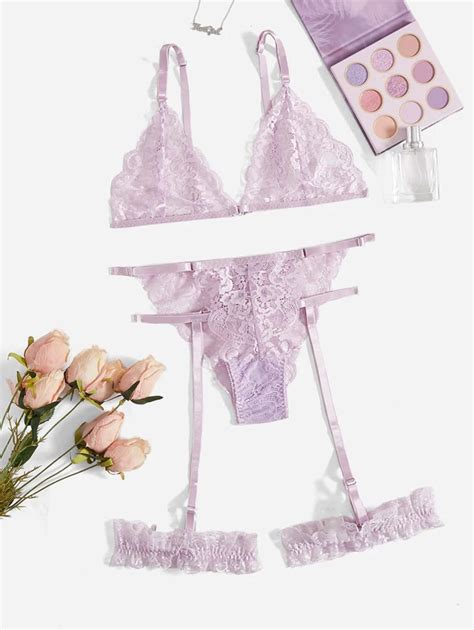 Scalloped Trim Floral Lace Garter Lingerie Set SHEIN USA