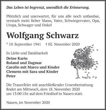 Traueranzeigen von Wolfgang Schwarz Märkische Onlinezeitung Trauerportal