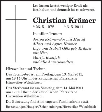 Traueranzeigen Von Christian Kr Mer Saarbruecker Zeitung Trauer De