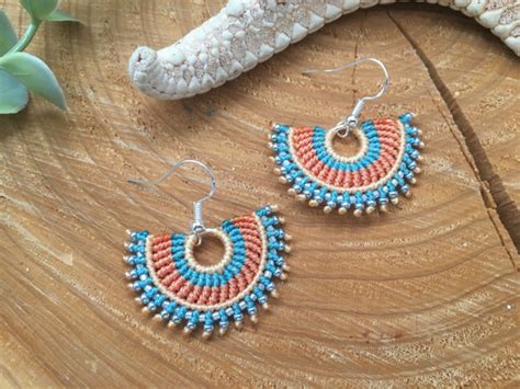 Earrings Pretty Fan Design Micro Macrame Boho Folksy