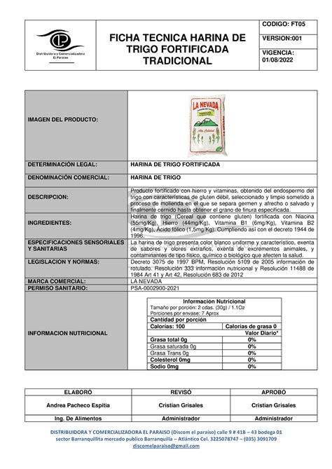 Ft05 Ficha Tecnica Harina De Trigo Fortificada La Nevada Ficha