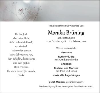 Traueranzeigen Von Monika Br Ning Noz Trauerportal