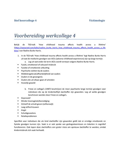 Werkcollege 4 Voorbereiding Stof Hoorcollege 4 Victimologie