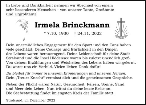 Traueranzeigen Von Irmela Brinckmann Trauer Anzeigen De