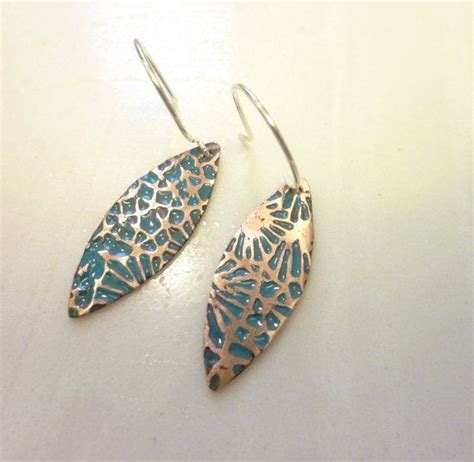 Copper Enamel Leaf Earrings Champlevé Glass Floral Flower Jewelry Etched Metal Turquoise