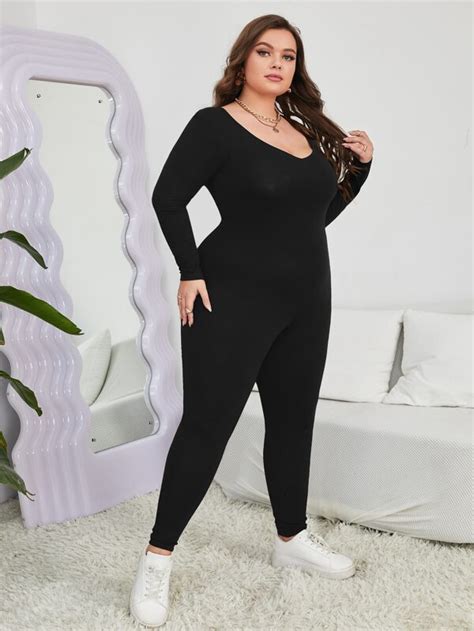 Shein Priv Plus Scoop Neck Unitard Jumpsuit Shein Uk