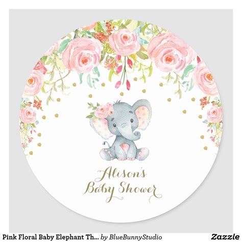 Elephant Baby Shower Sticker With Pink Roses