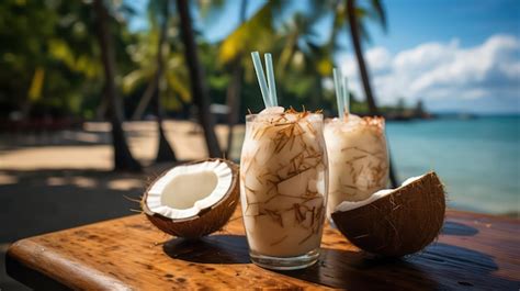 Premium AI Image | Tropical Beach Refreshing Coconut Drinks for Relaxation