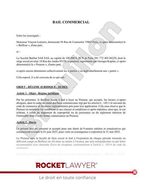 Bail commercial 3 6 9 Modèle de contrat gratuit