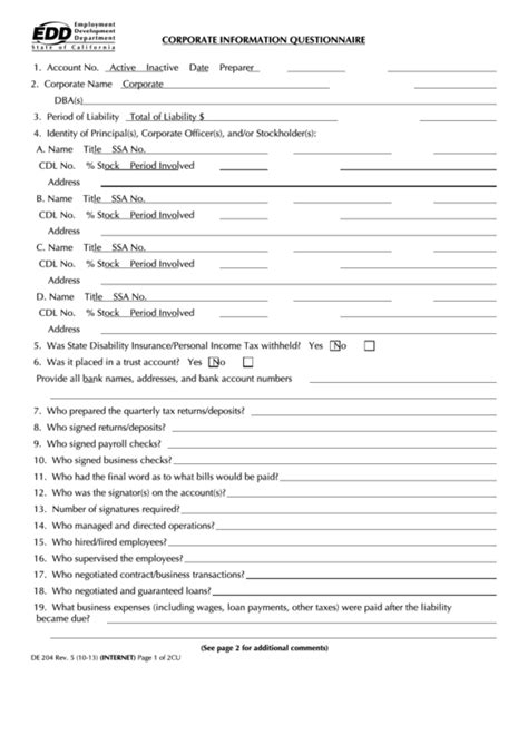 Fillable Form De Corporate Information Questionnaire Printable