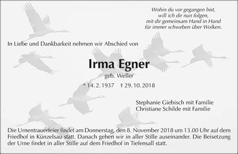 Traueranzeigen Von Irma Egner Trauerundgedenken De